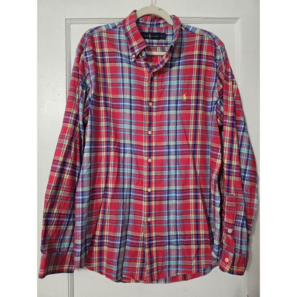 Ralph Lauren Shirt Men M Red Yellow Embroidered Pony Plaid‎ Casual Button Down